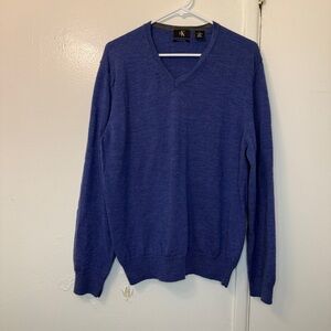 Calvin Klein 100% Extra Fine Merino Wool V-Neck Sweater Heather Blue XL
